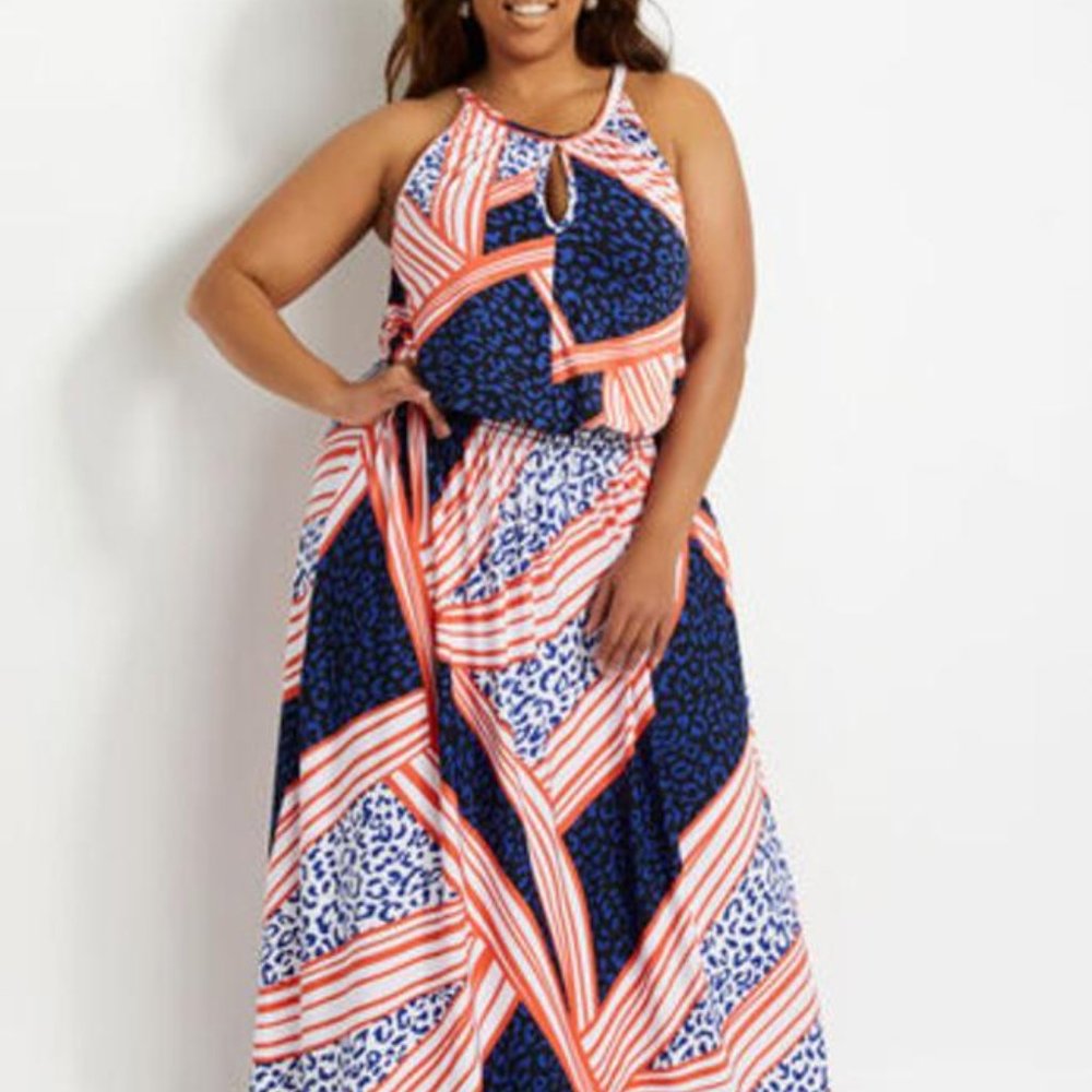 Red, White and Navy Maxi, Waist Sling Sleeveless Print Dress in Plus Size
